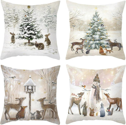 4er Set Weihnachtskissenbezug Leinen 45x45cm Festliche Deko