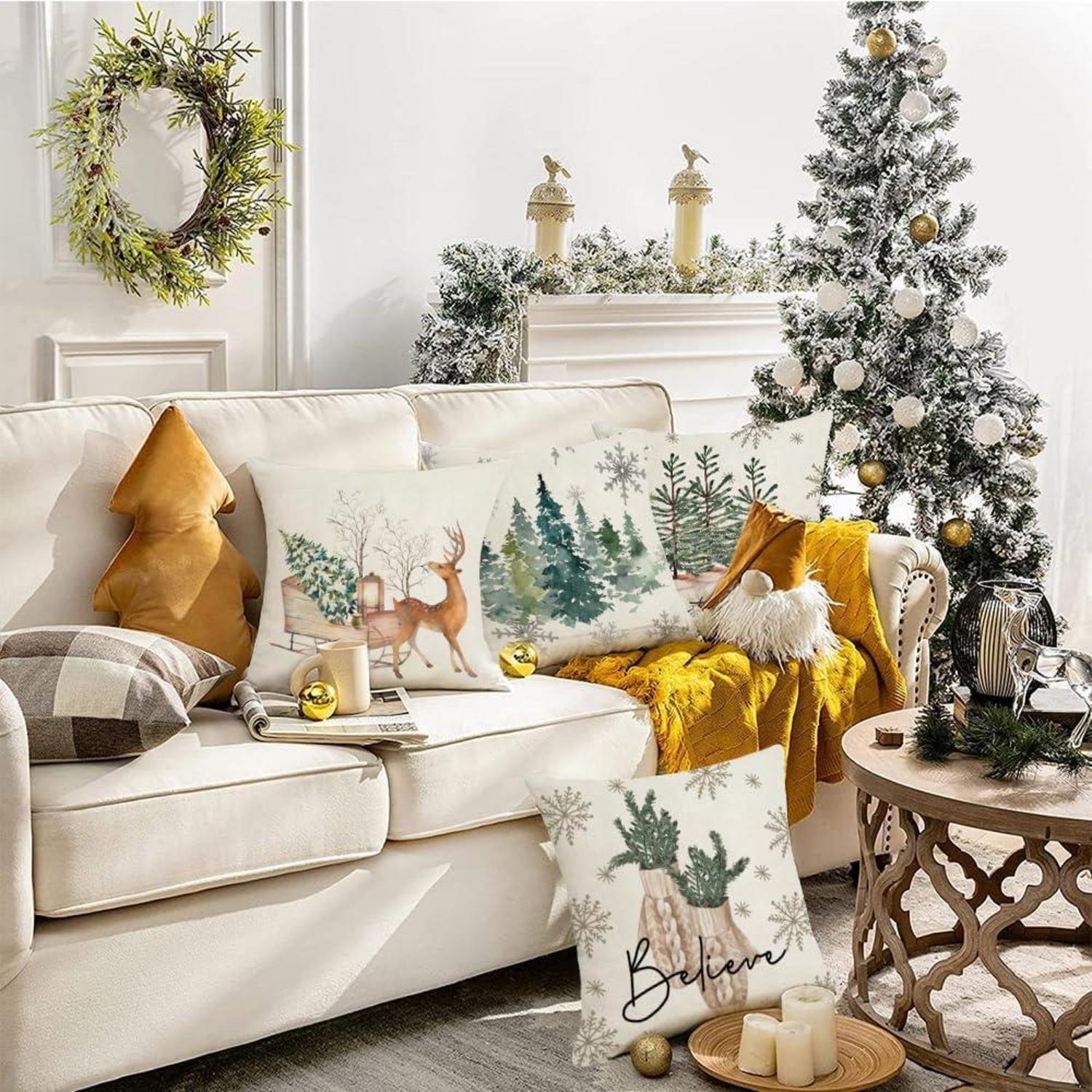 4er Set Weihnachtskissenbezug Leinen Nostalgie 45x45cm Weihnachtsdeko für Sofa Bett