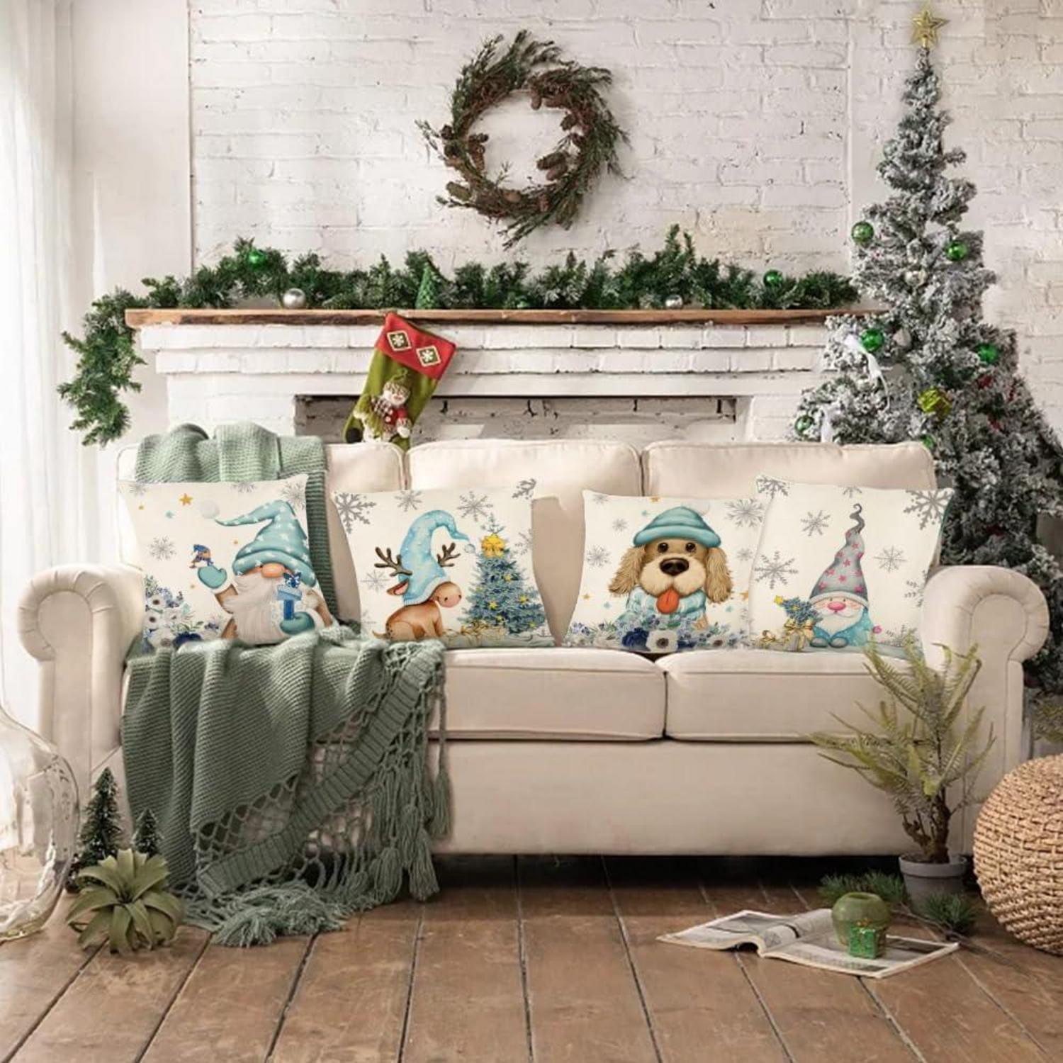 4er Weihnachtskissenbezug Set Leinen 45x45cm Amerikanisch Deko