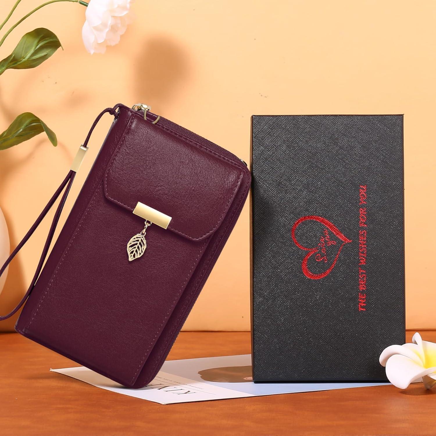 Handytasche mit Geldbörse RFID Schutz Leder Crossbody Schultertasche 12 Kartenfächer Rot