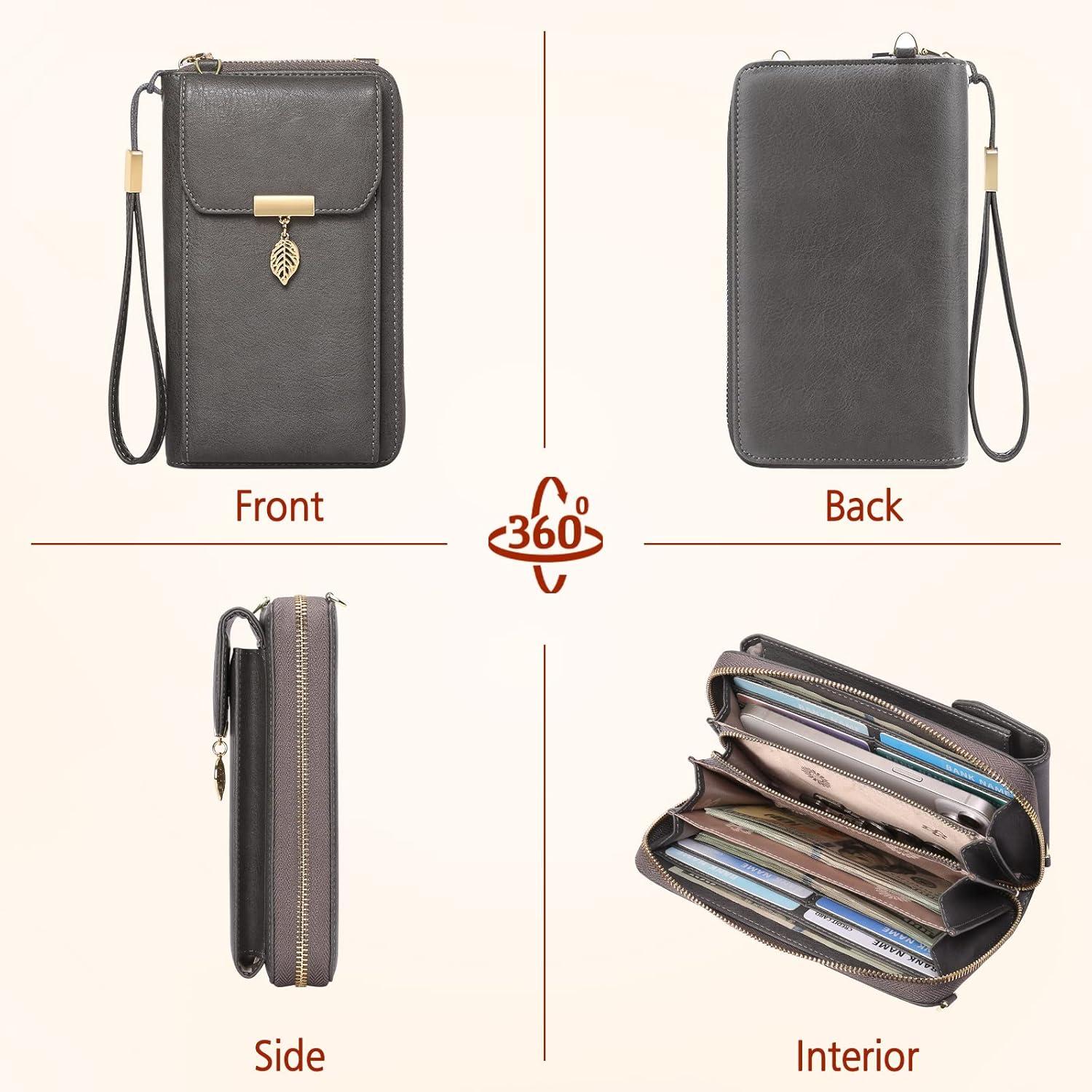 Handytasche Umhänge Leder RFID Schutz Damen 7,2 Zoll Vintage Grau