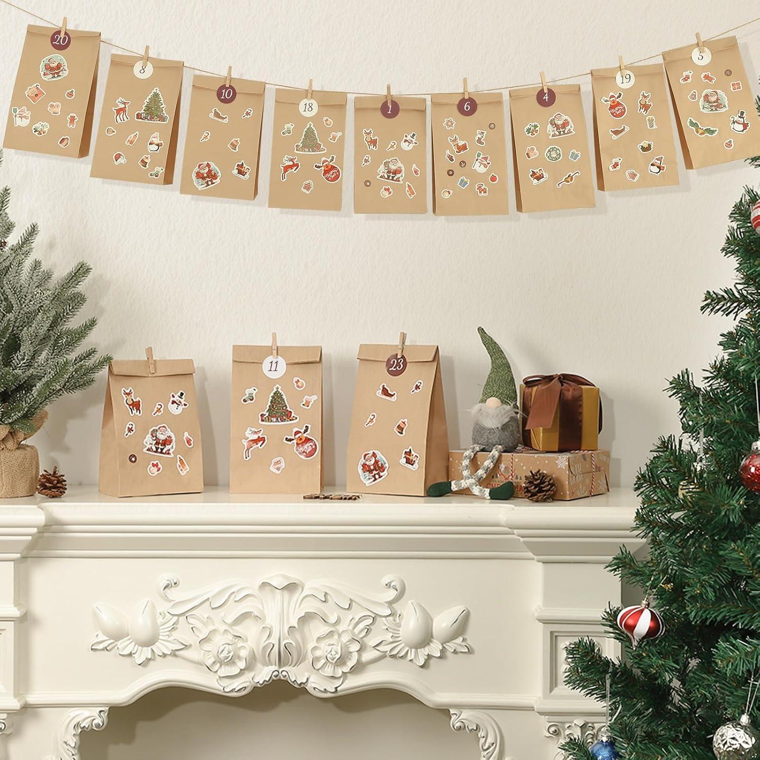 2024 DIY Adventskalender zum Befüllen mit Tüten, Aufkleber, Holzklemme
