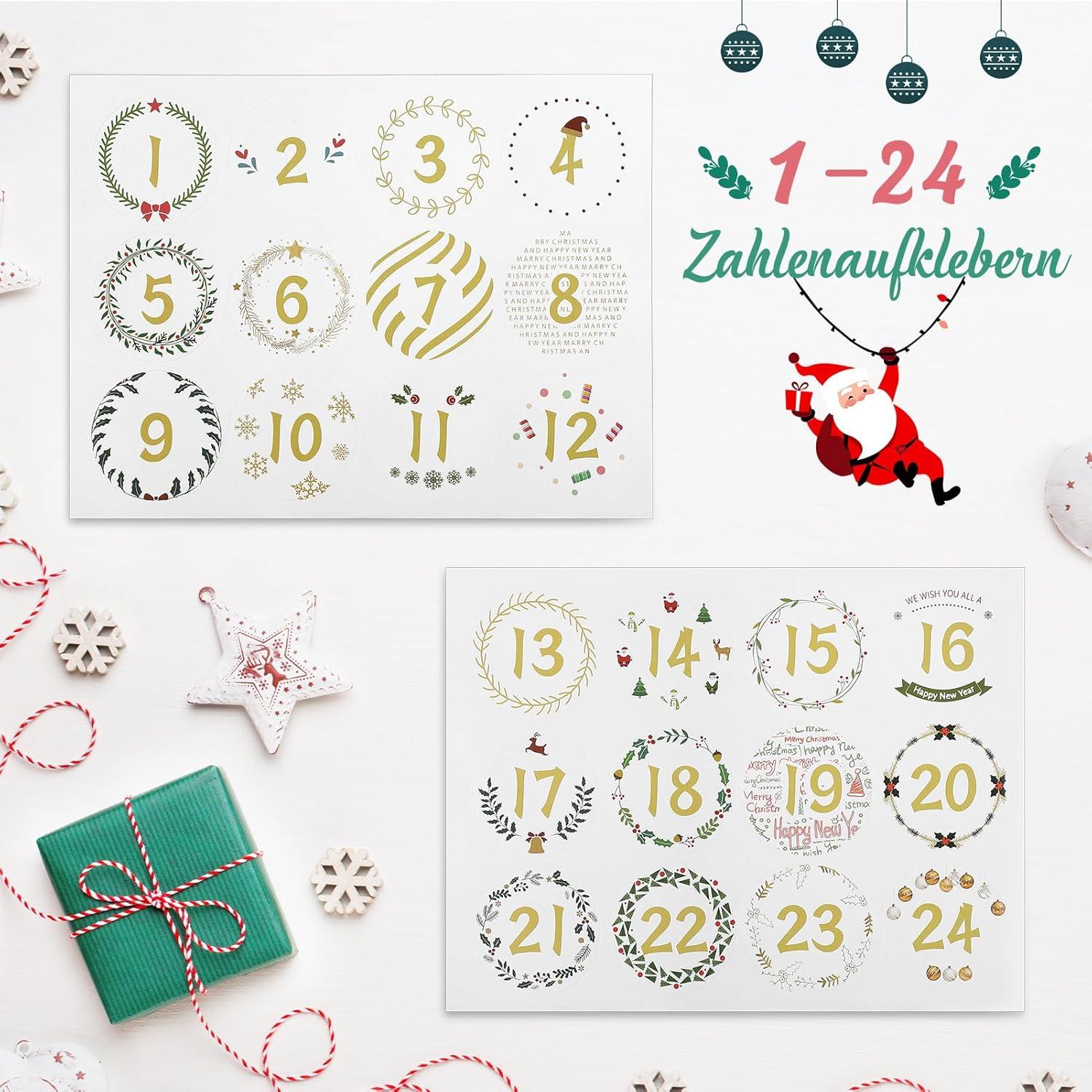 DIY Adventskalender 24 Weihnachtskalender Tüten Aufkleber Holzklemme