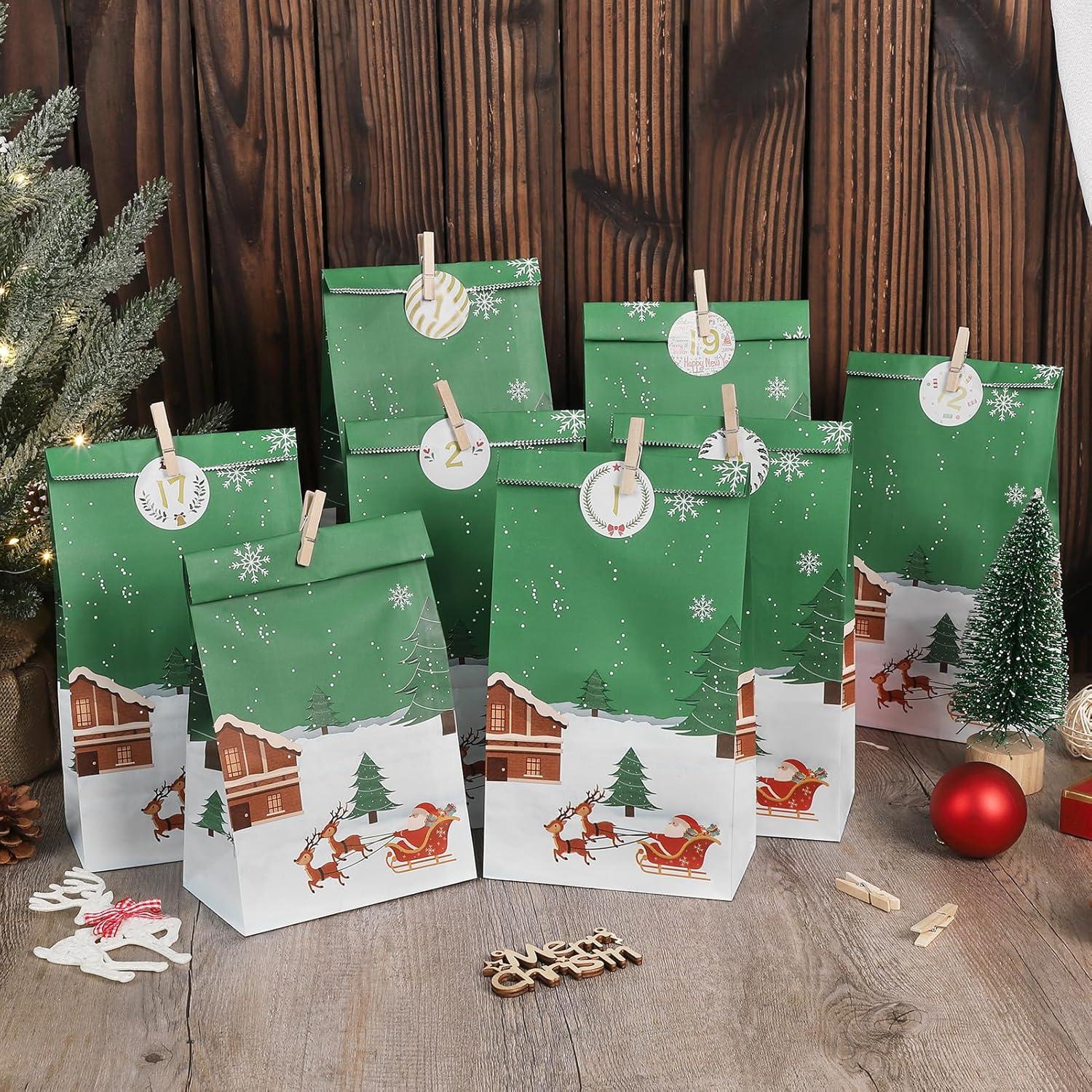 Adventskalender zum Befüllen, DIY mit Tüten, Aufkleber, Holzklemme - Grün