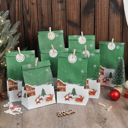 Adventskalender zum Befüllen, DIY mit Tüten, Aufkleber, Holzklemme - Grün