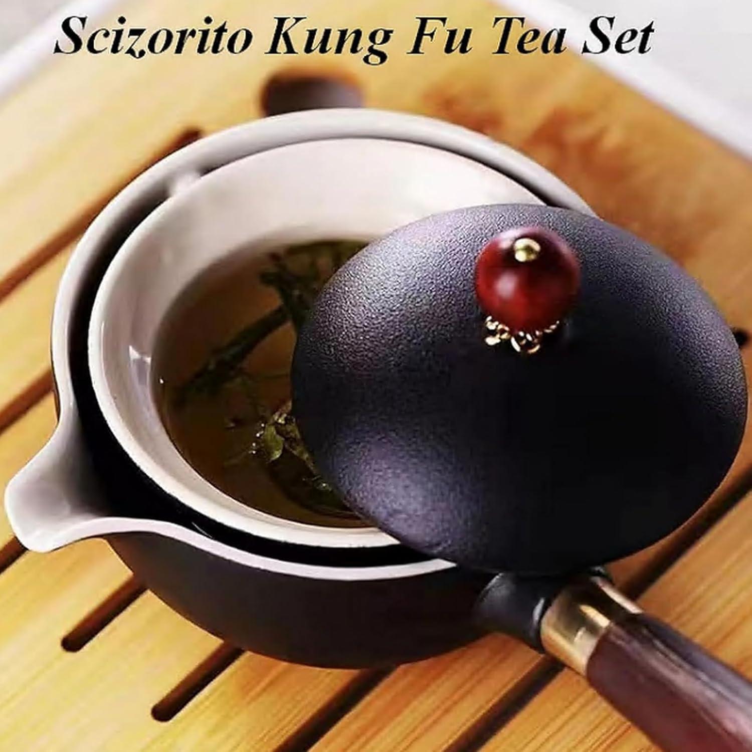 Kungfu Tee Set Keramik Tragbares Reise Tee Set, 360-Rotation Teekanne, 4 Tassen, Tablett, Reisetasche