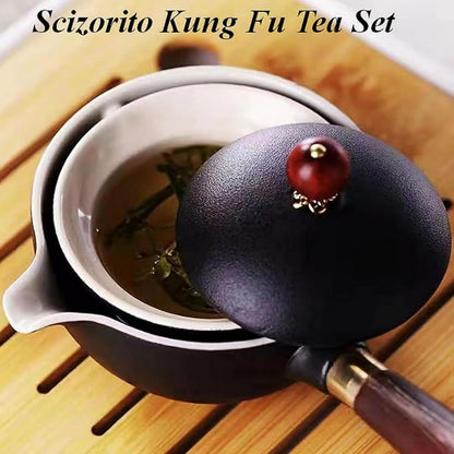 Kungfu Tee Set Keramik Tragbares Reise Tee Set, 360-Rotation Teekanne, 4 Tassen, Tablett, Reisetasche