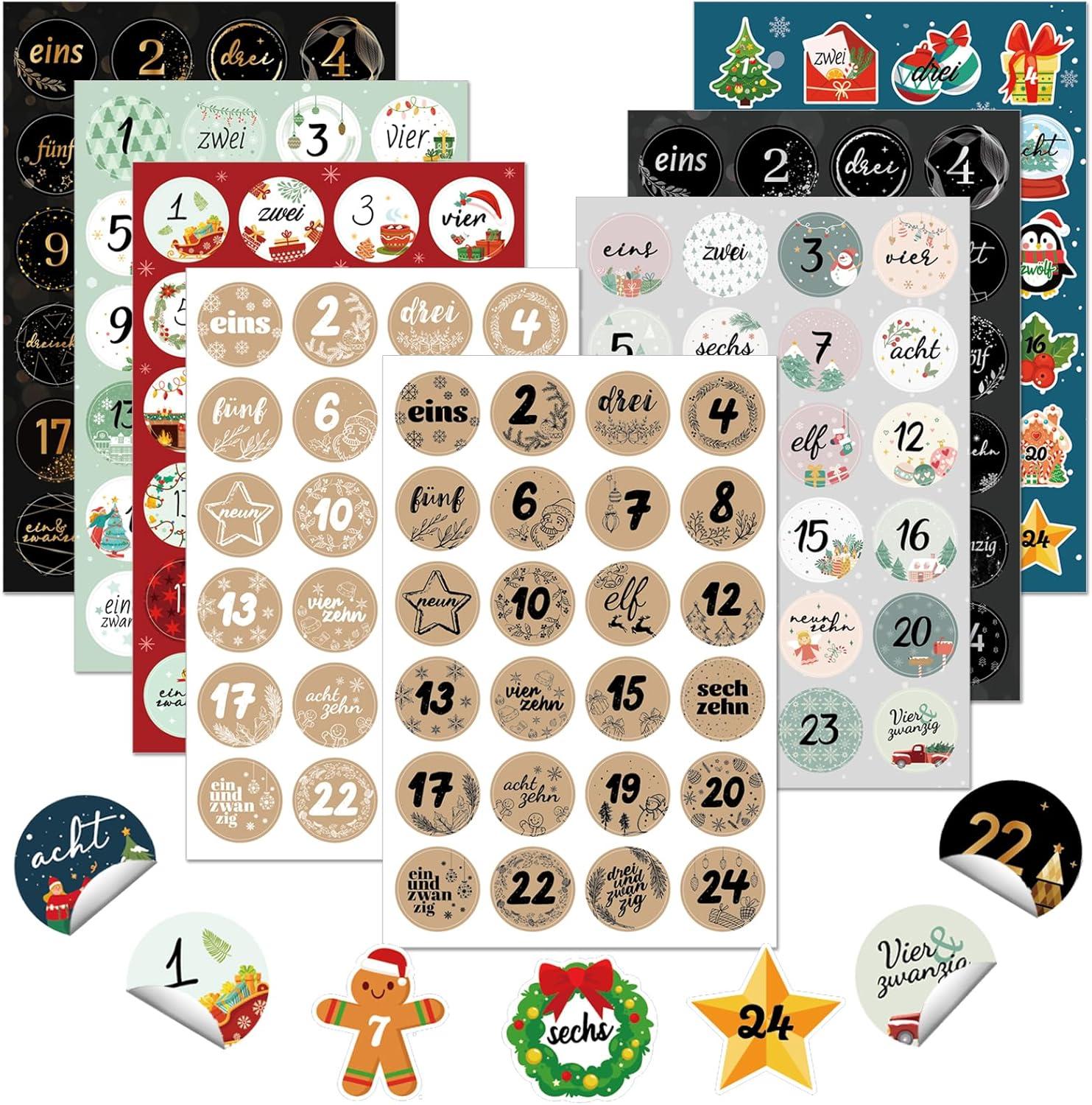 DPKOW Weihnachten Adventskalender Aufkleber 2024 Zahlen Sticker 1-24 Nummern bunt