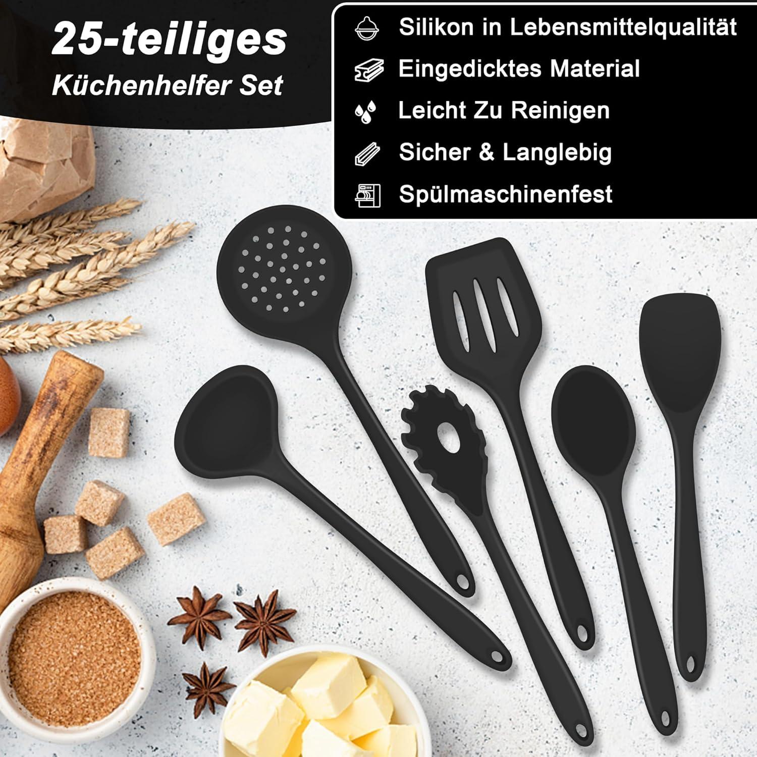 Küchenhelfer Set 25-teilig Silikon Kochutensilien Utensilienhalter Schwarz