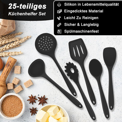 Küchenhelfer Set 25-teilig Silikon Kochutensilien Utensilienhalter Schwarz