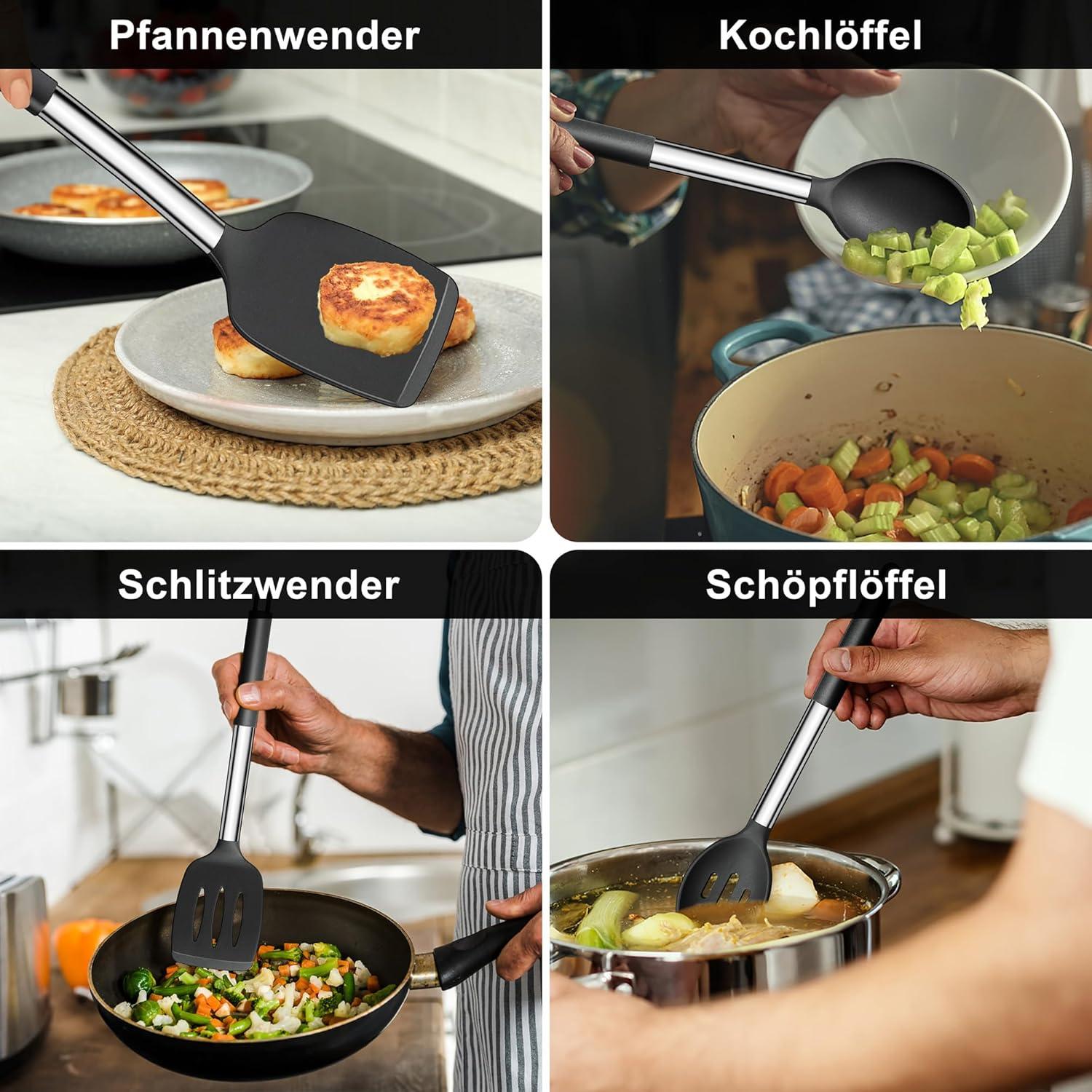 Küchenhelfer Set 4-teilig Silikon Pfannenwender Kochlöffel