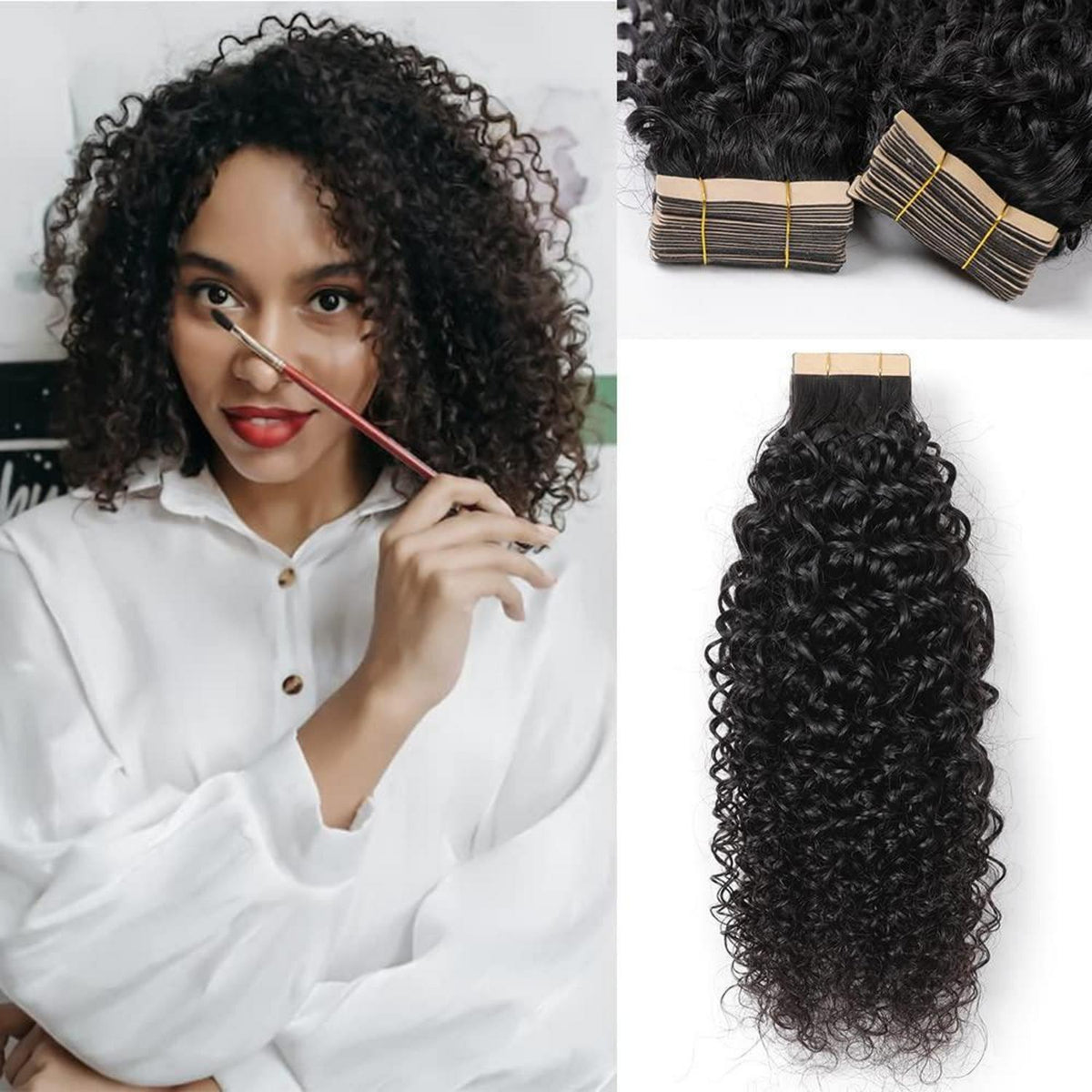 Echthaar Tape Extensions Schwarz Kinky Curly 12 Zoll