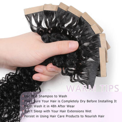 Echthaar Tape Extensions Schwarz Kinky Curly 12 Zoll