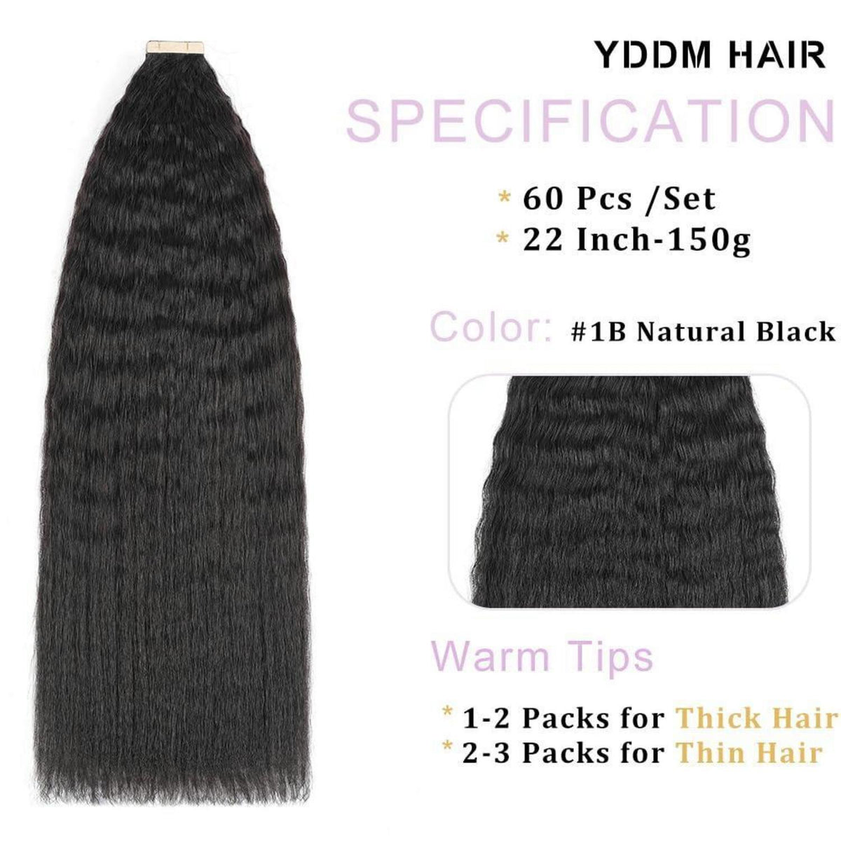 Echthaar Tape Extensions Schwarz Kinky Straight 22 Zoll