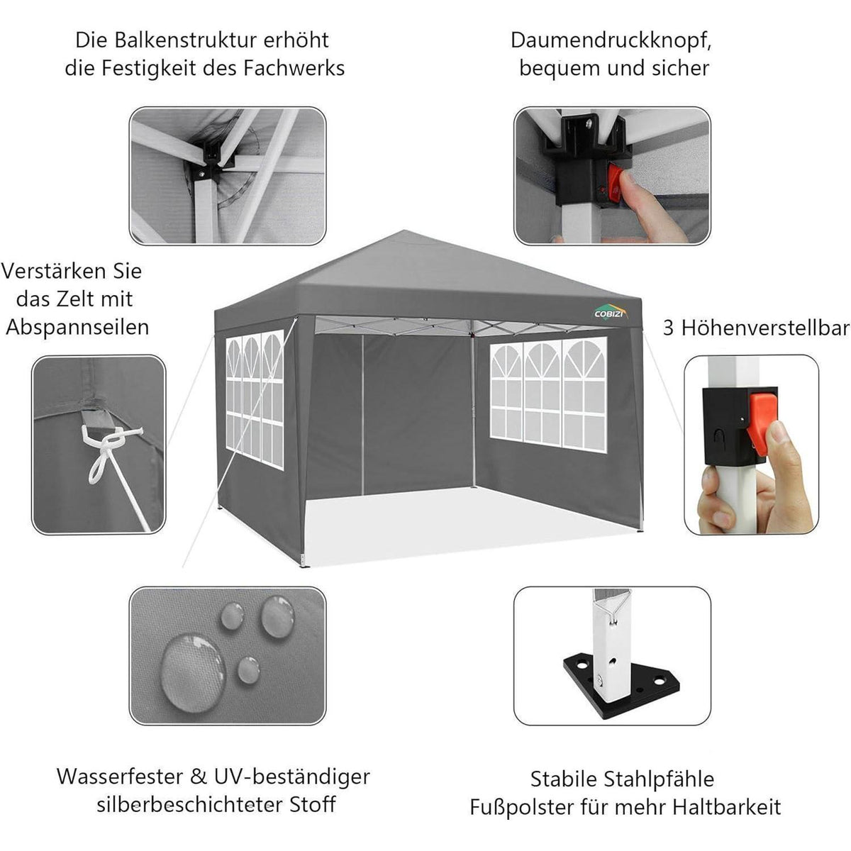 3x3m Pavillon mit 4 Seitenwänden – Grau, Robust & Einfach Aufbau