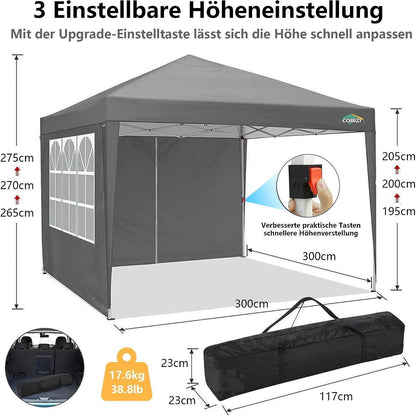 3x3m Pavillon mit 4 Seitenwänden – Grau, Robust & Einfach Aufbau
