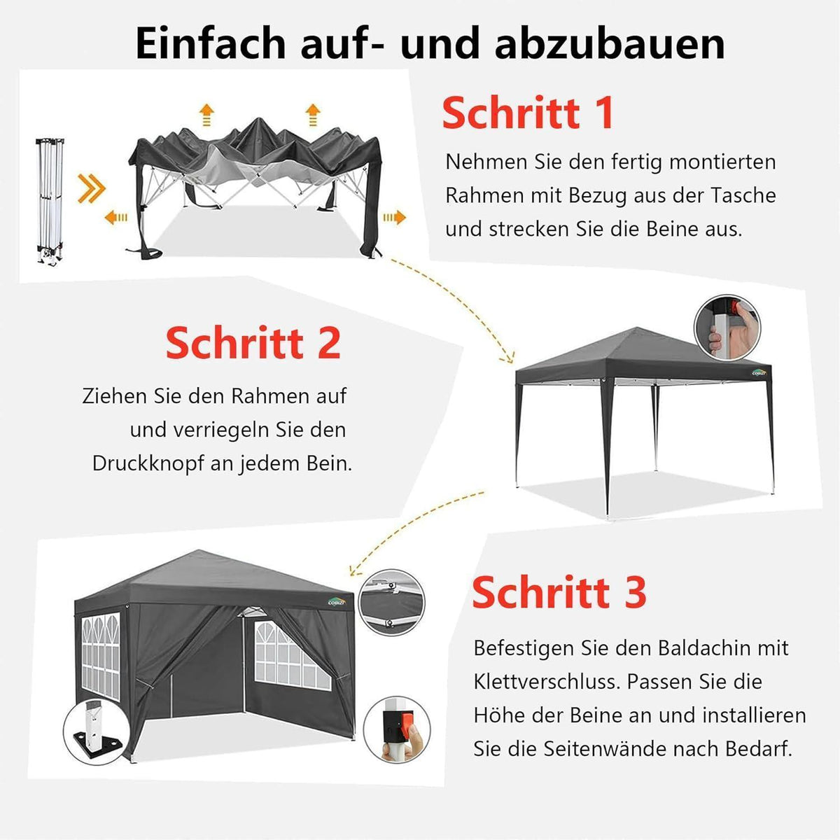 3x3m Pavillon mit 4 Seitenwänden – Grau, Robust & Einfach Aufbau