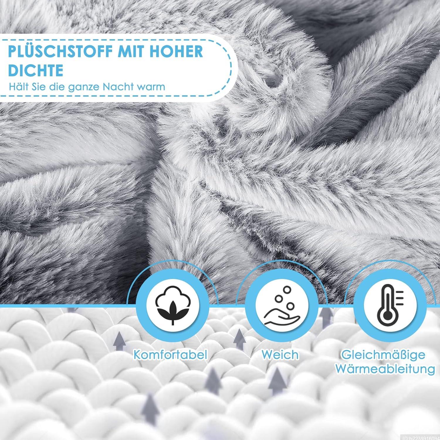 Flauschige Extra Lang Wärmflasche Auslaufsicher 73cm Grau