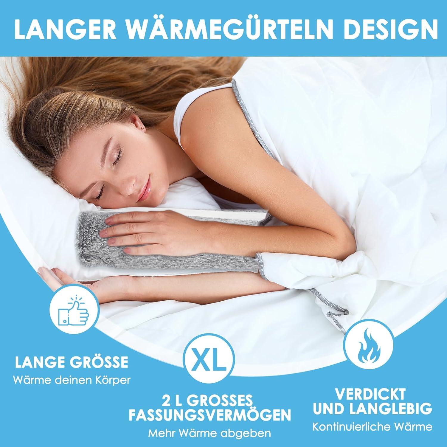 BOLEi Extra Lang Wärmflasche mit Bezug Flauschig Geruchlos 73cm Nackenwärmflasche Grau