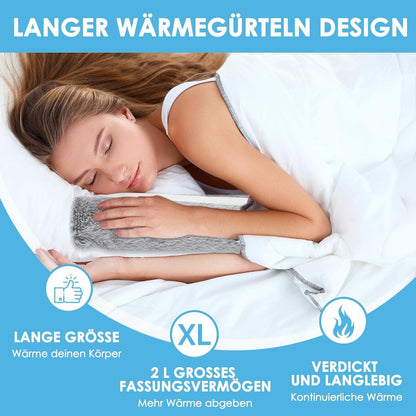 BOLEi Extra Lang Wärmflasche mit Bezug Flauschig Geruchlos 73cm Nackenwärmflasche Grau
