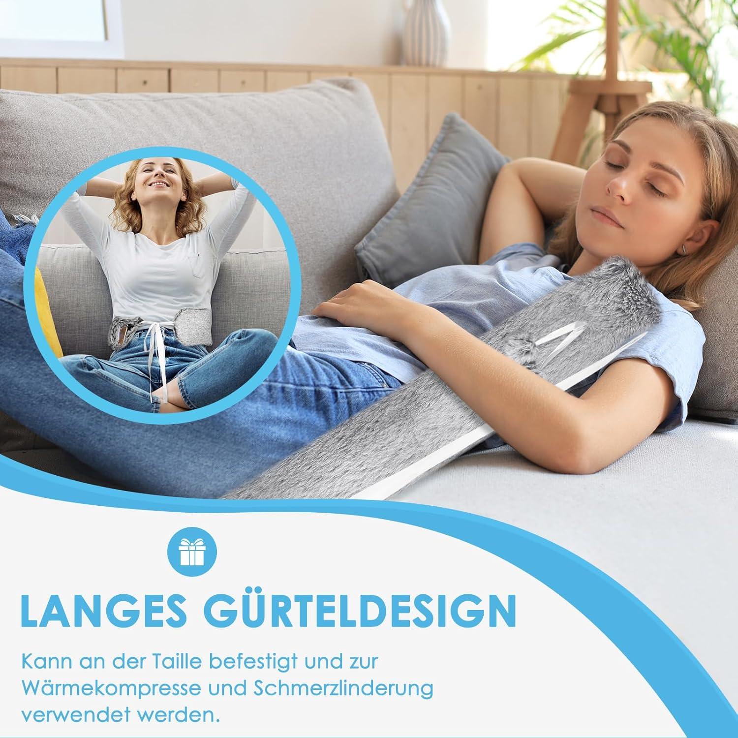 Extra Lange Wärmflasche 73cm mit Bezug - Grau Flauschig & Auslaufsicher
