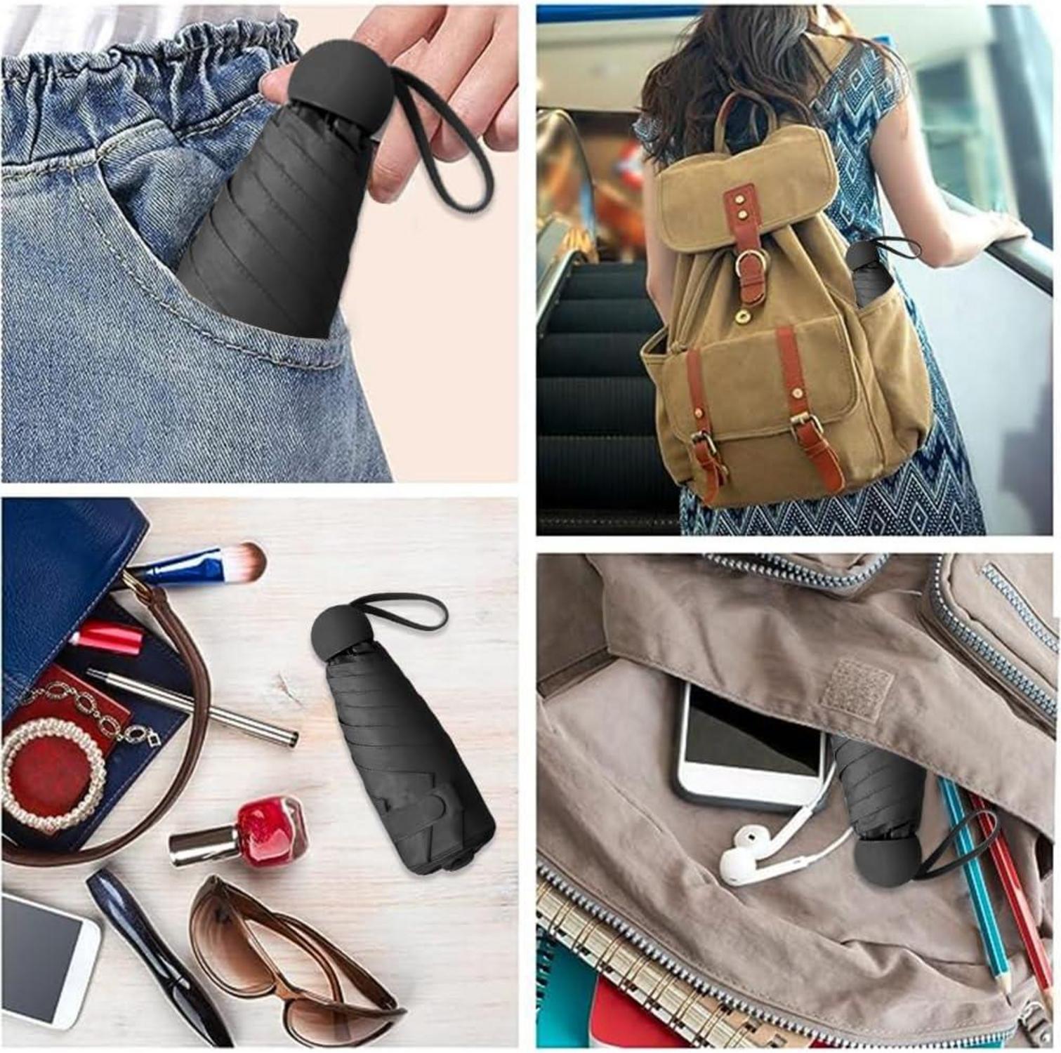 Kompakter Regenschirm mit UV-Schutz, 6 Rippen, Taschenschirm - Schwarz