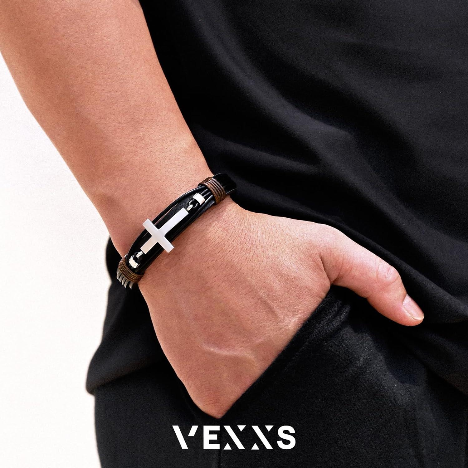 Lederarmband Herren schwarz braun Kreuz Evil Eye Magnet 21,59cm