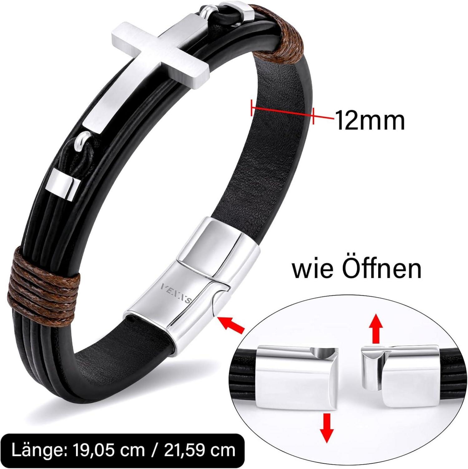 Herren Lederarmband braun schwarz Kreuz Evil Eye 21,59cm magnetischer Verschluss
