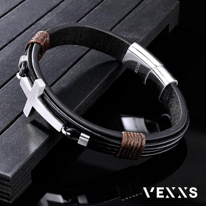 Herren Armband Lederarmband Magnetverschluss Kreuz Design 21,59cm