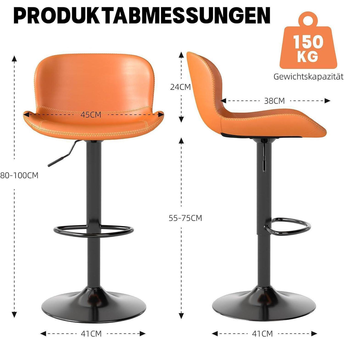 Verstellbarer Barhocker Set (2x) – Orange, Kunstleder