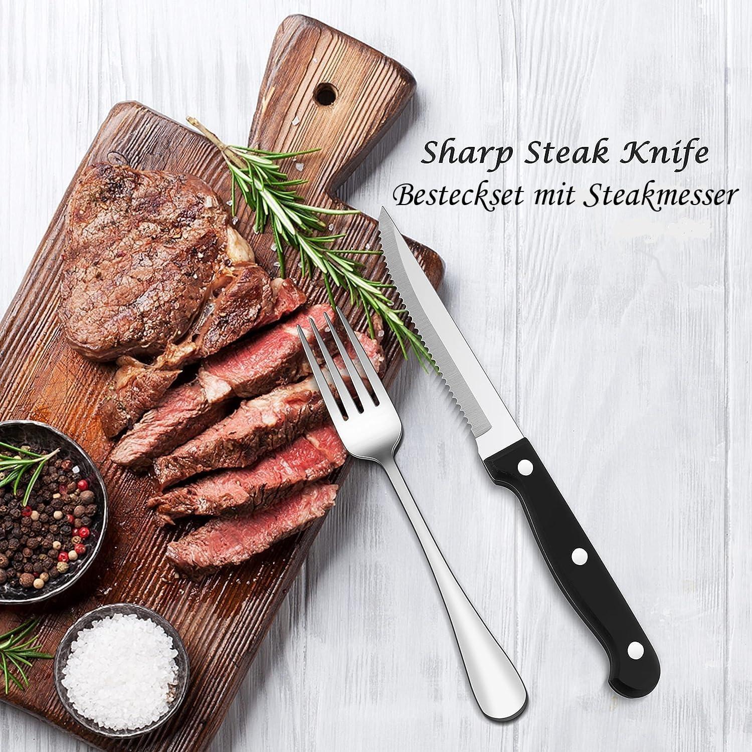 YoBest Edelstahl Besteck Set 34-teilig für 4 Personen mit Steakmesser und Trinkhalmen