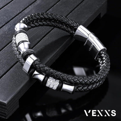 Hochwertiges Herren Lederarmband 316L Edelstahl Magnet 19-21,59cm Kreuz Evil Eye
