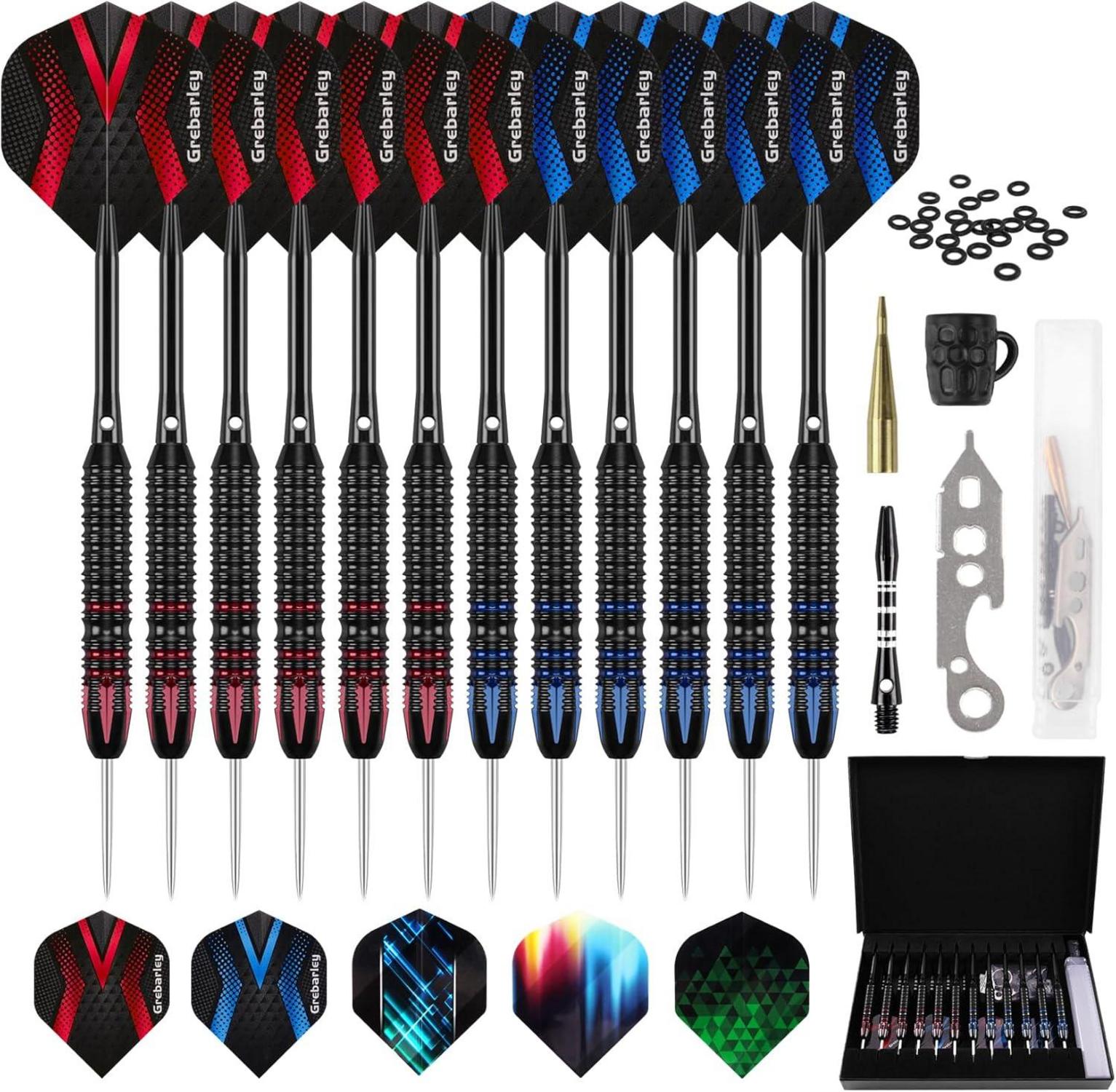 Profi Dartpfeile Steeldarts Set Metallspitze Aluminium Rot Blau