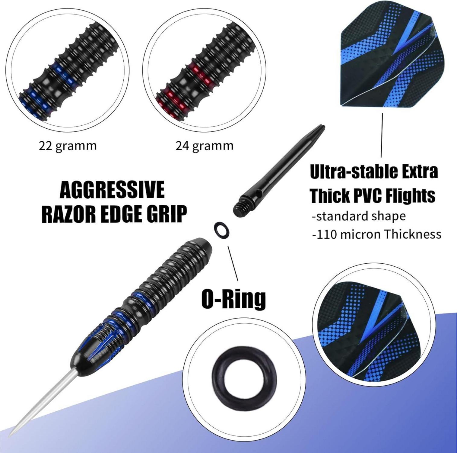 Profi Dartpfeile Steeldarts Set Metallspitze Aluminium Rot Blau