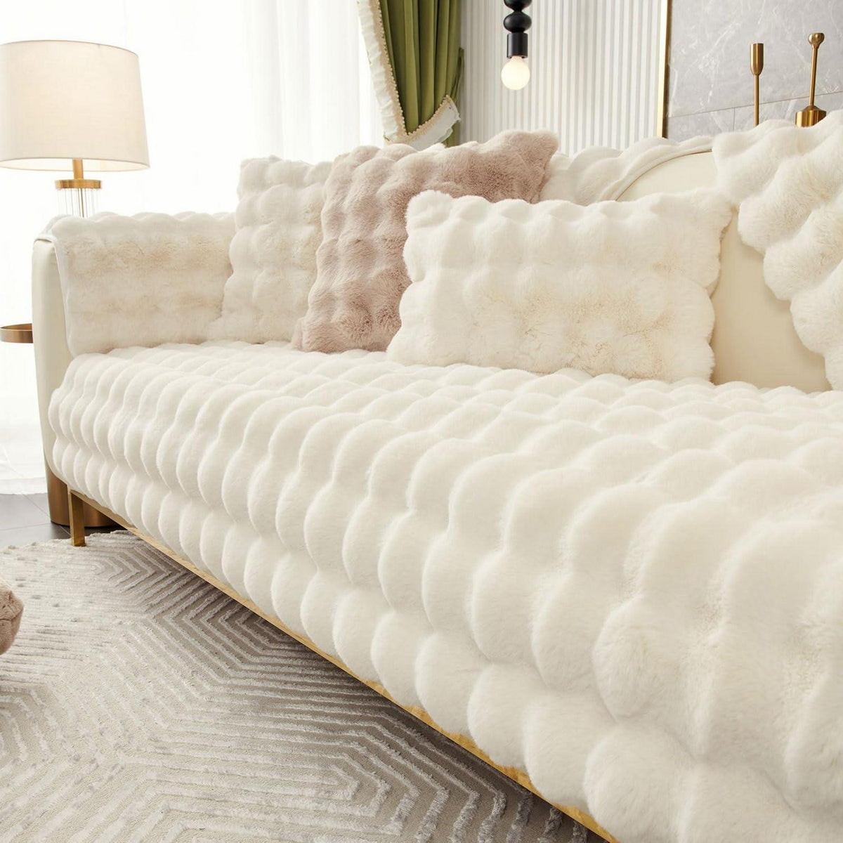 Weicher Sofaüberzug Kunstpelz Rutschfest Beige Weiß 90x240cm