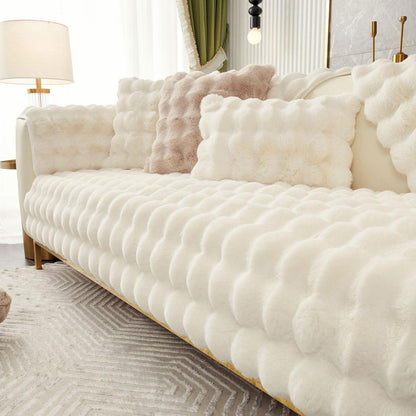 Weicher Sofaüberzug Kunstpelz Rutschfest Beige Weiß 90x240cm