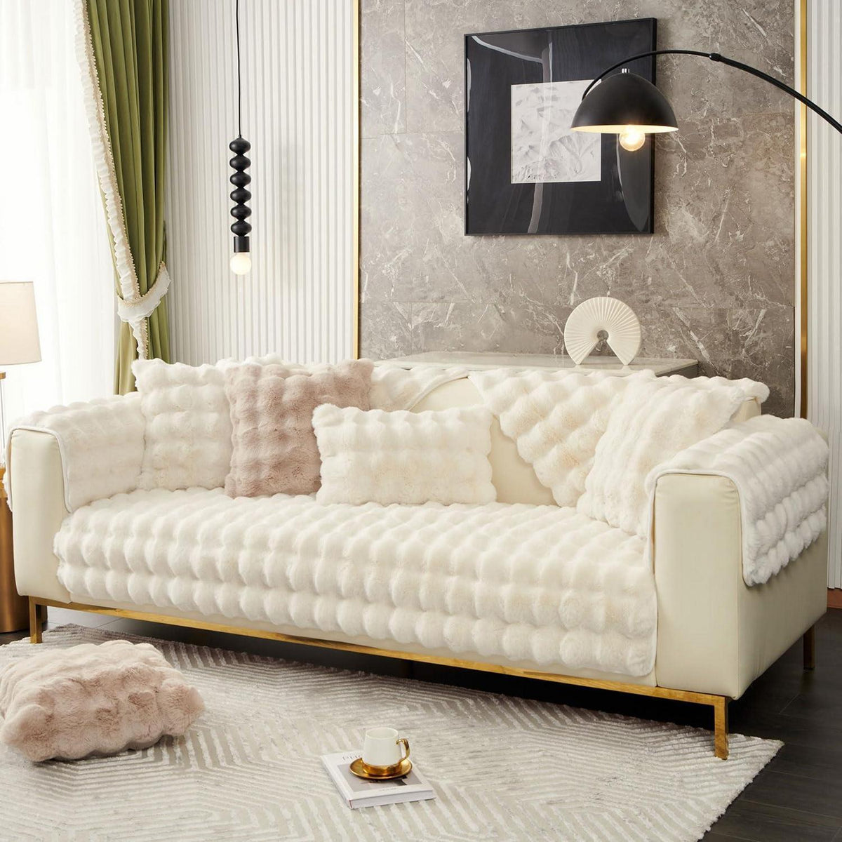 Weicher Sofaüberzug Kunstpelz Rutschfest Beige Weiß 90x240cm