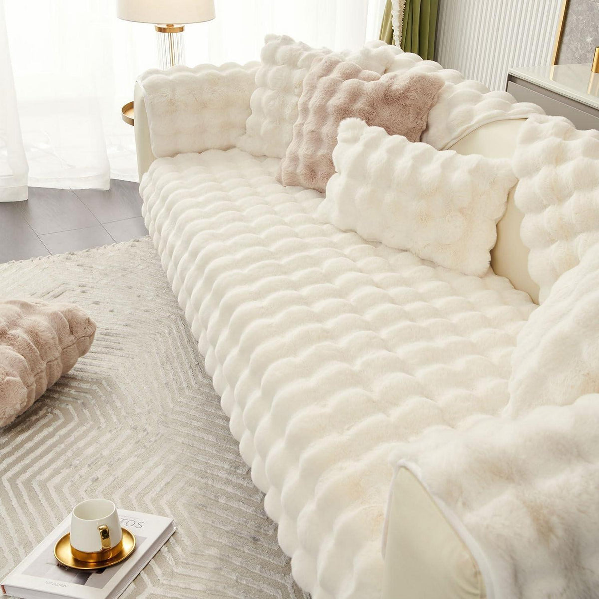 Weicher Sofaüberzug Kunstpelz Rutschfest Beige Weiß 90x240cm