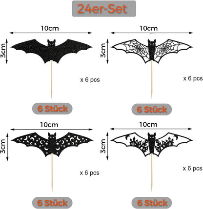24er Set Halloween Fledermaus Cupcake Topper - Schwarzes