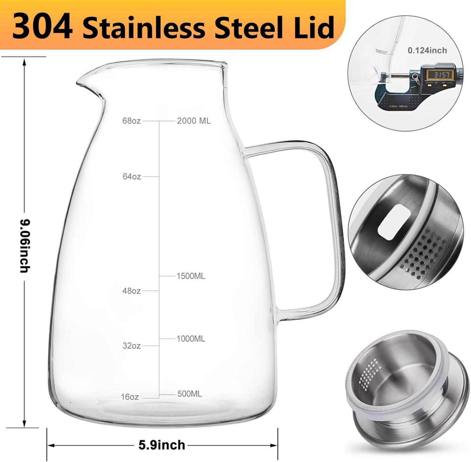 Yirilan Karaffe 2 Liter Glaskaraffe mit Deckel - BPA-frei, ergonomisches Design