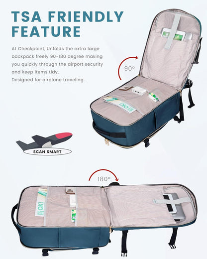 Handgepäck Rucksack 40L Reiserucksack Damen 17 Zoll Laptop wasserdicht Dunkelblau+schwarz