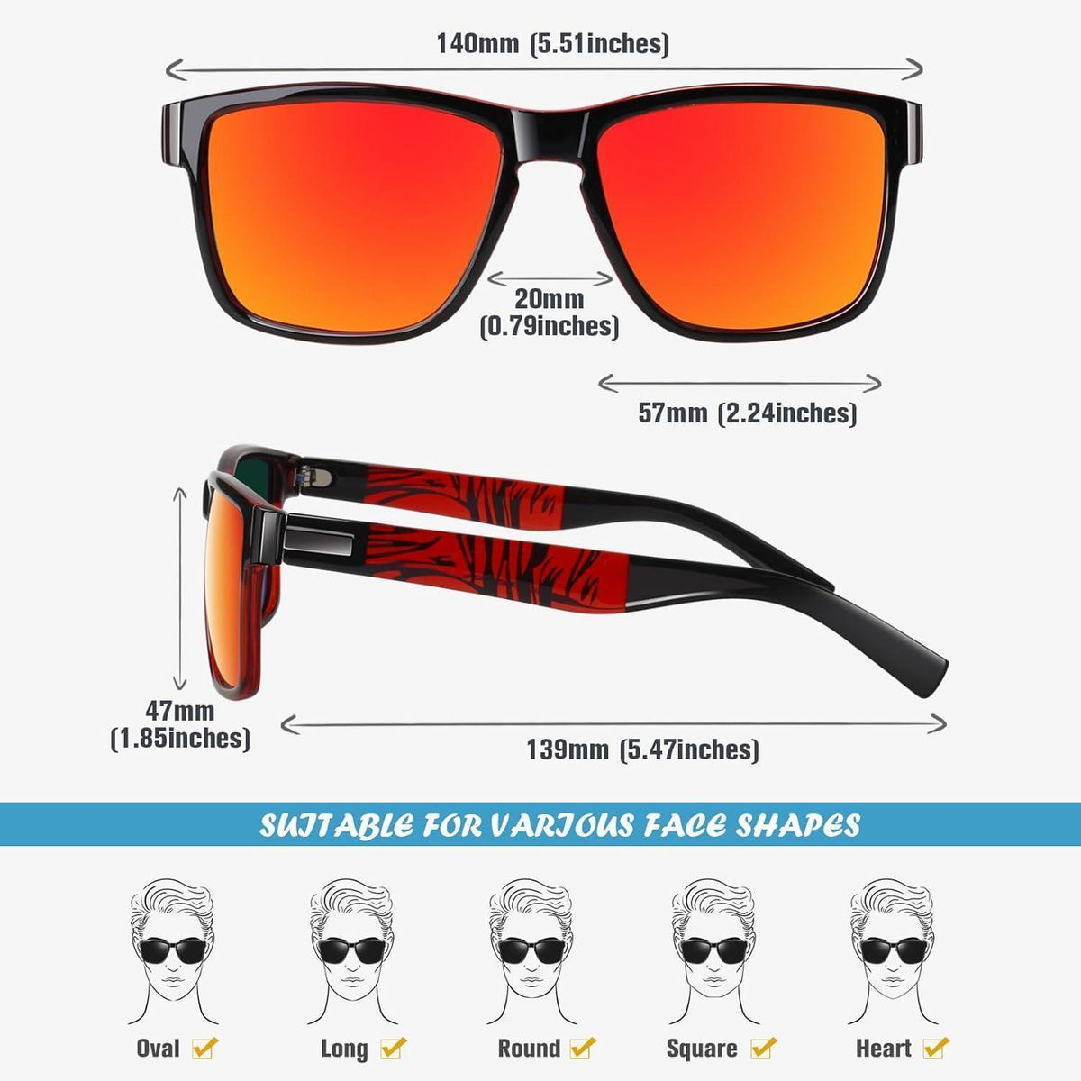 Polarisierte Sonnenbrille Herren Damen UV400 Schutz Rot Verspiegelt