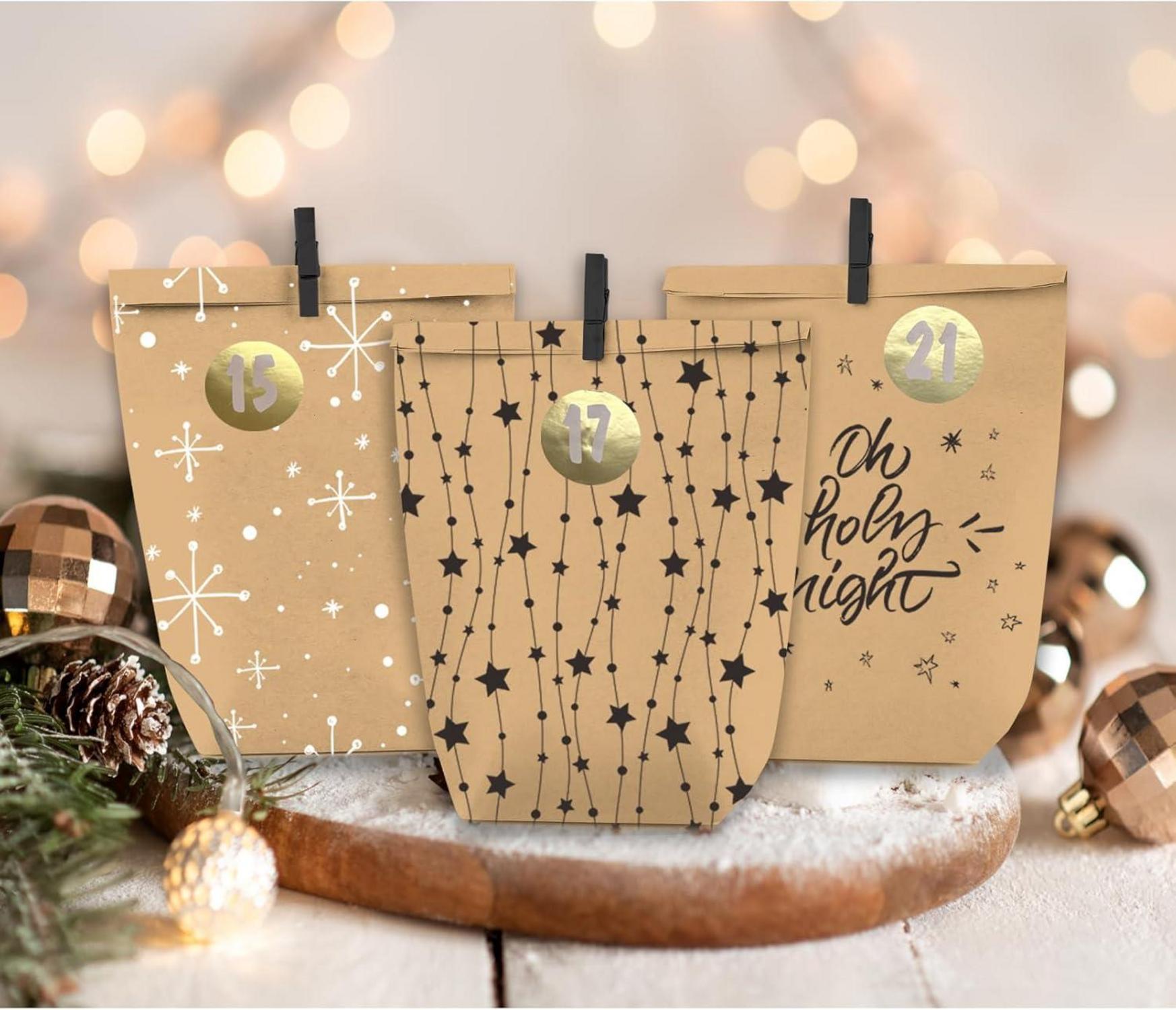 Großer Weihnachtskalender zum Selbstbefüllen 24 Kraftpapiertüten Advents-Zahlen