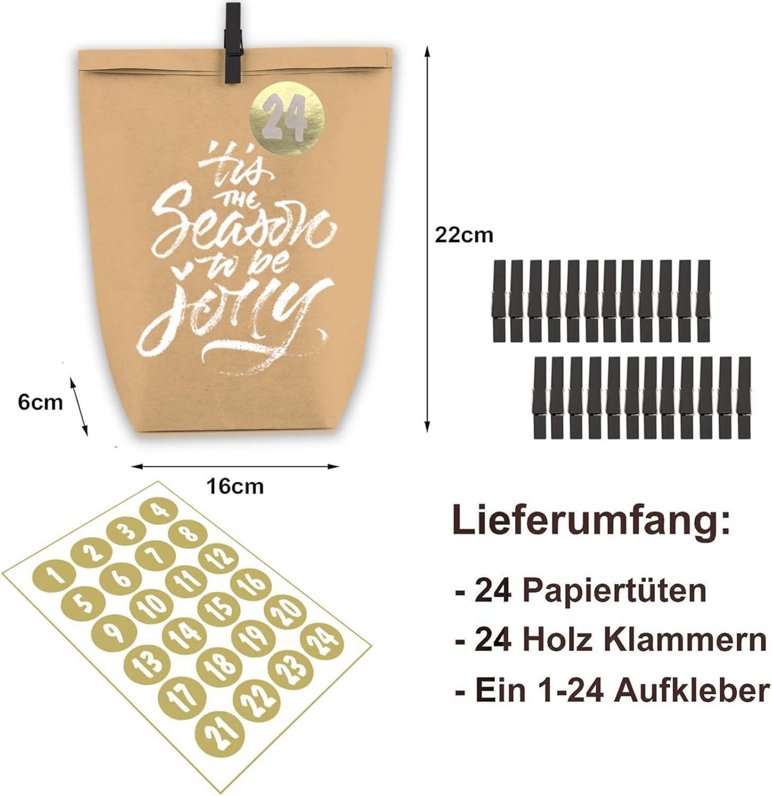 Adventskalender Kraftpapiertüten Weihnachtstüten zum Selbstbefüllen