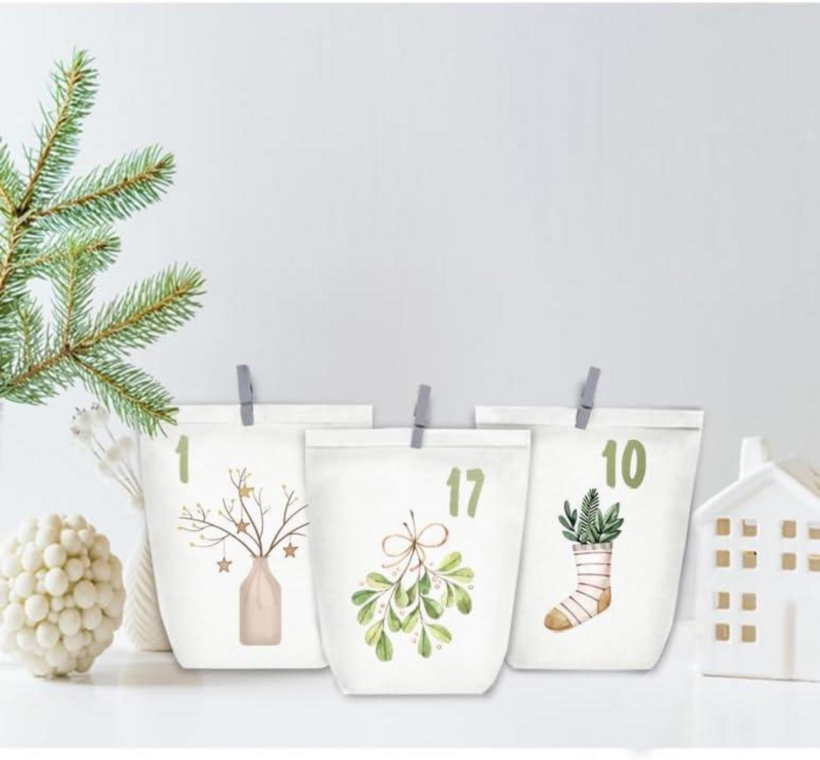 Adventskalender Kraftpapier mit Aufkleber, 24 Weihnachts-Tüten Weiß+Aquarell