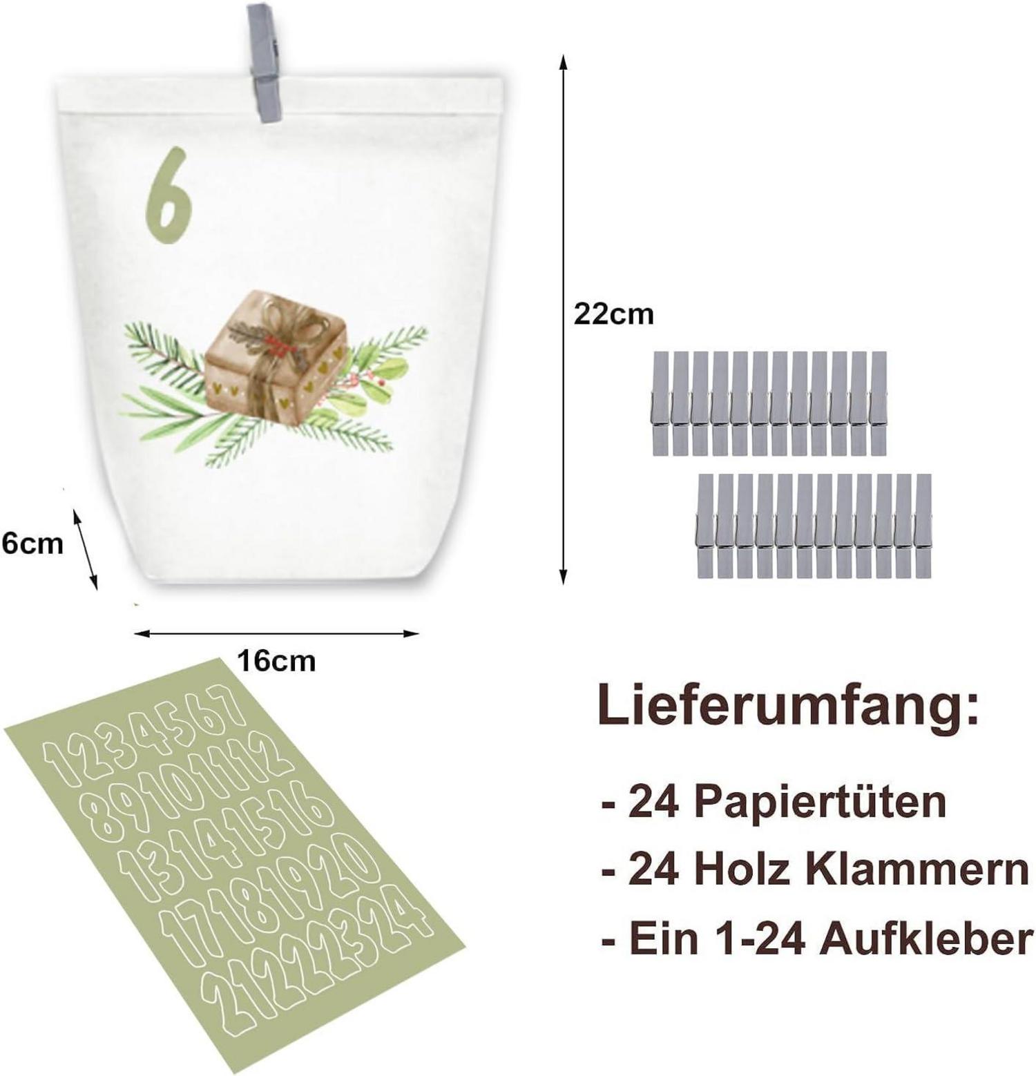 Adventskalender selbst gestalten 24 Weihnachtstüten weiß Aquarell