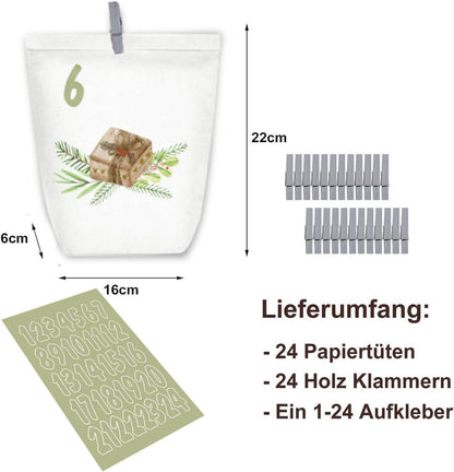 Adventskalender selbst gestalten 24 Weihnachtstüten weiß Aquarell