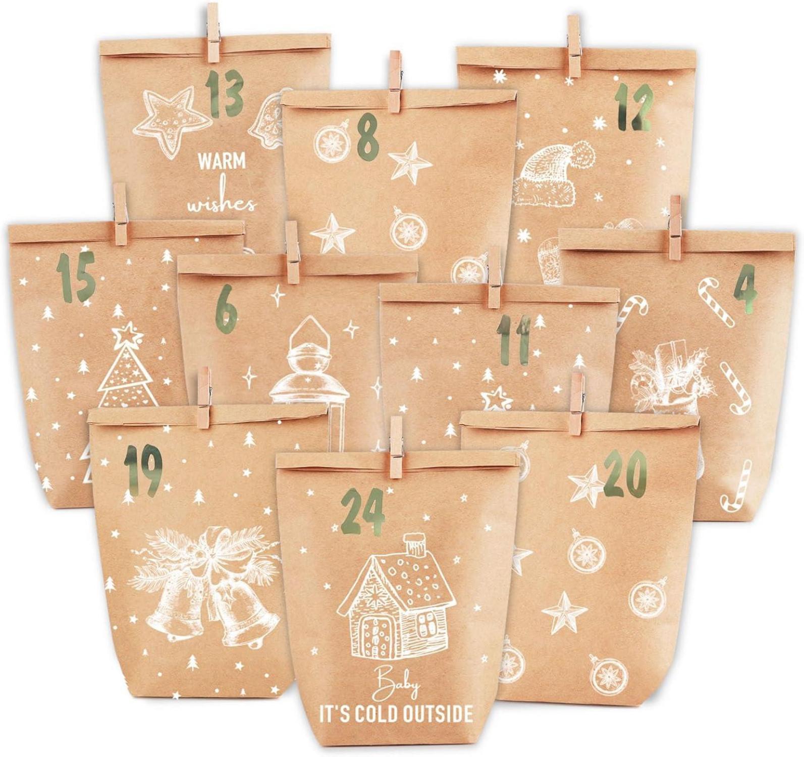Adventskalender zum Befüllen Kraftpapiertüten Weihnachtsmotive