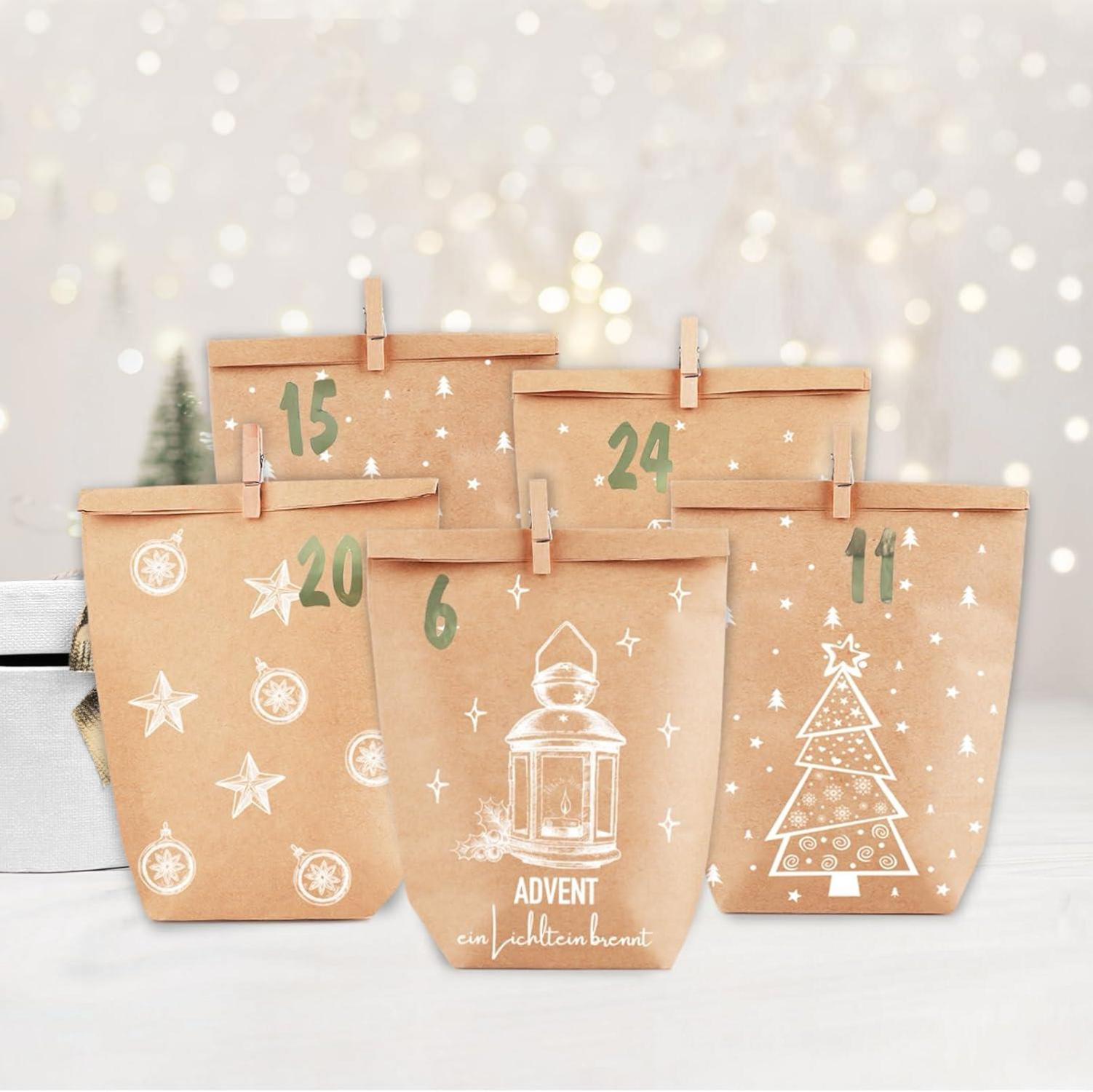 Adventskalender zum Befüllen, Weihnachtskalender Papiertüten Set, Braun/Weiß, 24 Motive