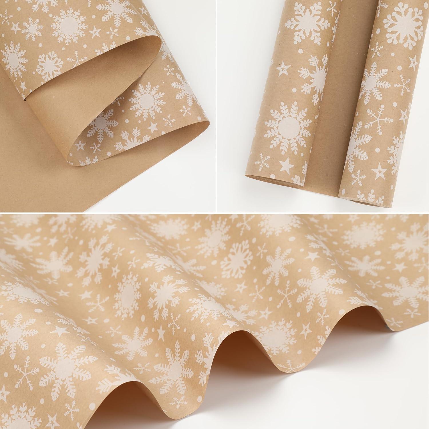 Codkkre Weihnachten Geschenkpapier 44cm x 15m ECO Brown Kraft Schneeflocken